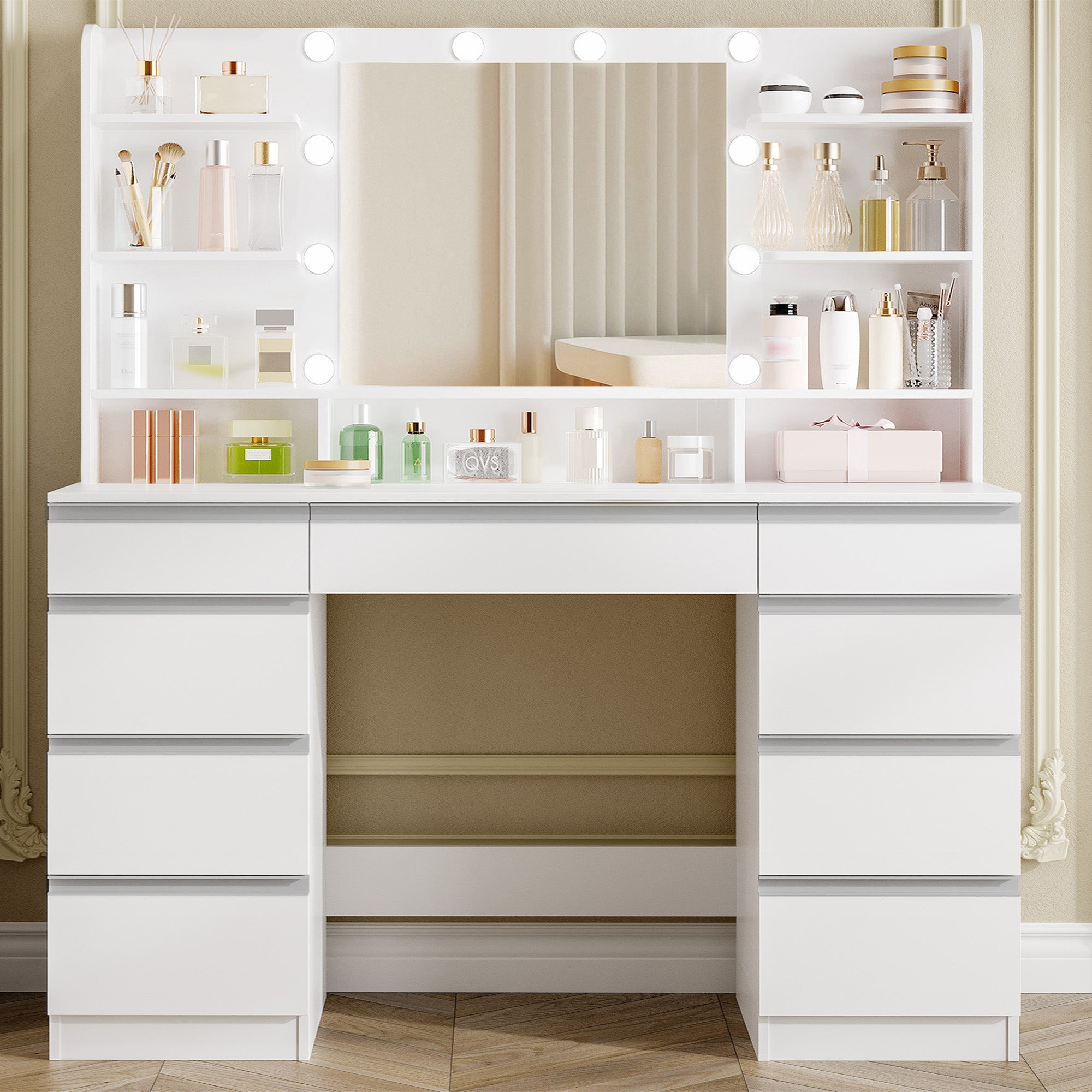 Hzuaneri Large Dressing Table with 10 LED Lights & Mirror, 9 Drawers