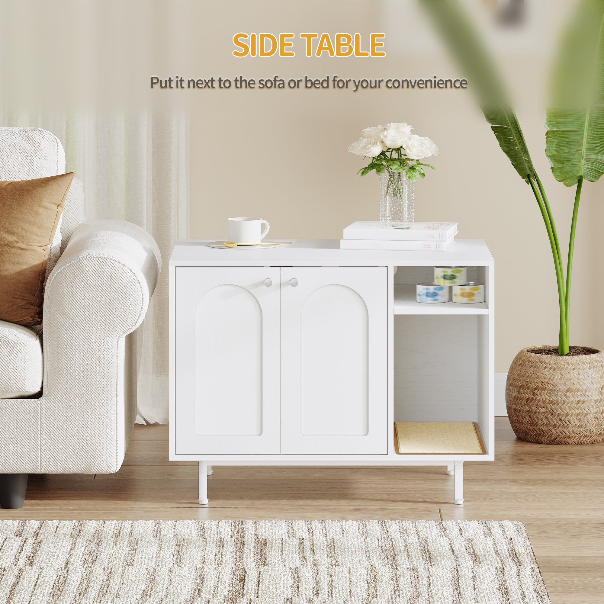 Hzuaneri Cat Litter Box Enclosure, Hidden Litter Box Furniture with Scratching Mat, Wooden Pet House Side End Table, Tall Legs, Double Doors, 80 x 50 x 61 cm, White CB01513W