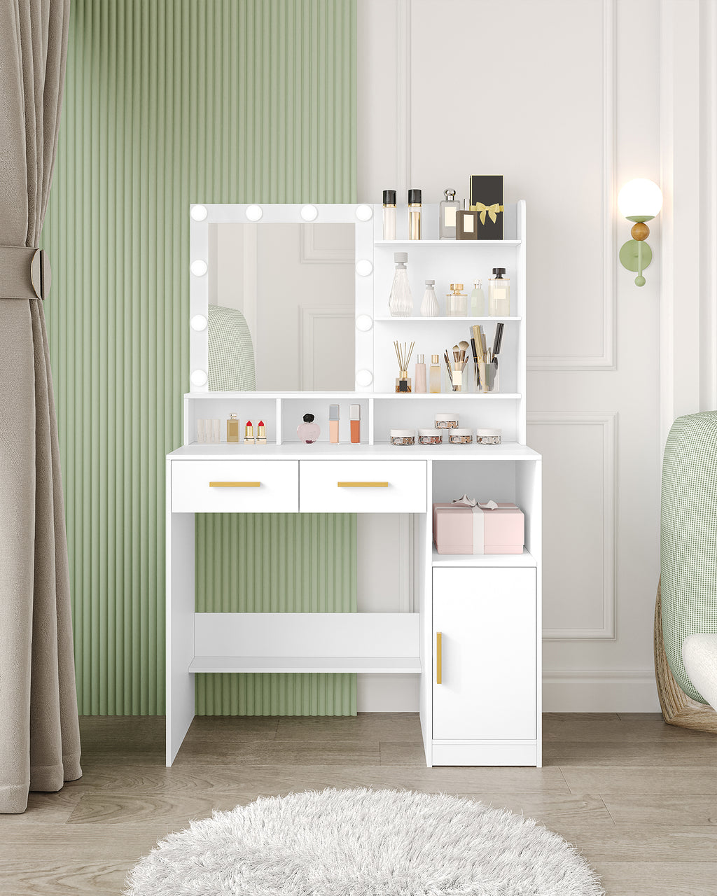Hzuaneri Dressing Table with LED Lights Mirror, Adjustable Brightness, 2 Drawers & Cabinet, White