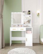 Hzuaneri Dressing Table with LED Lights Mirror, Adjustable Brightness, 2 Drawers & Cabinet, White