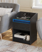 Hzuaneri Bedside Table with LED Light & Charging Station, 2 USB Ports & Outlets, Storage Drawer