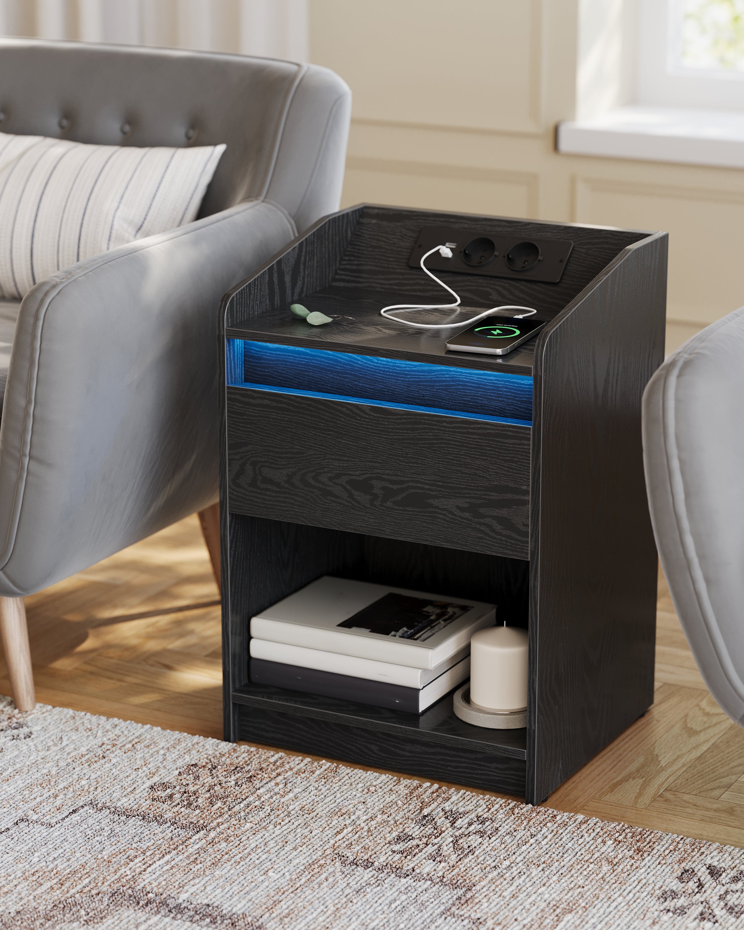 Hzuaneri Bedside Table with LED Light & Charging Station, 2 USB Ports & Outlets, Storage Drawer