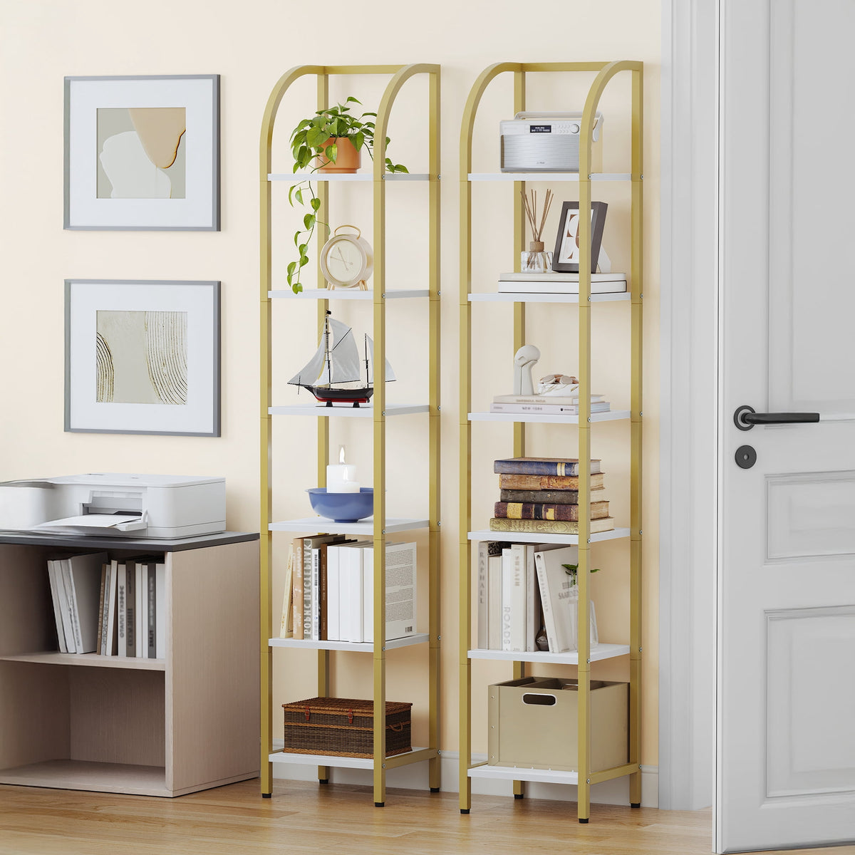 Hzuaneri Bookshelf Bookcase Narrow Bookcase Shelf Organizer with Steel Frame for Study Living Room Bedroom Kitchen Home Office Industrial Bookshelf 6-Tier White Gold