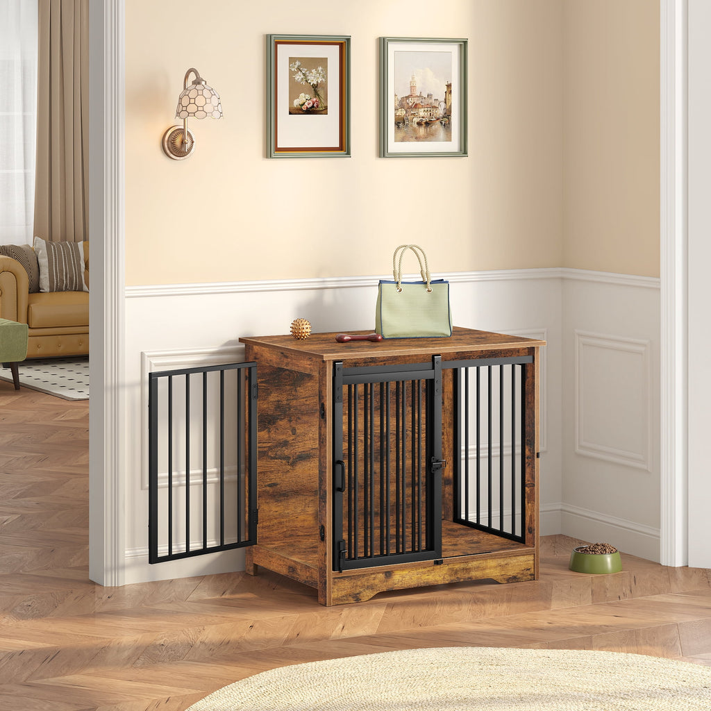 Hzuaneri 27.2" Dog Crate Furniture with Barn Door, Heavy Duty Wooden Kennel for Small Dogs up to 22 lb, Rustic Brown