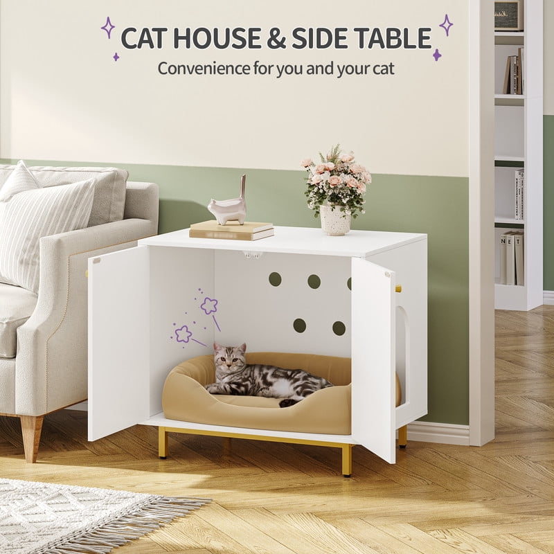 Hzuaneri Hidden Cat Litter Box Enclosure, 31.5" Wooden Indoor Cat House, Litter Box Furniture Cabinet for Self-Cleaning Litter Boxes, White Gold