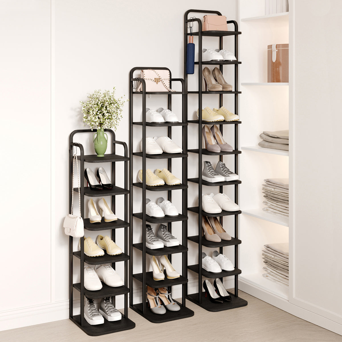 Hzuaneri 10-Tier Vertical Shoe Rack, Tall Shoe Organizer with 2 Hooks, Wooden Shoe Tower for Entryway, Hallway, Closet Space Saving, Free Standing, Black