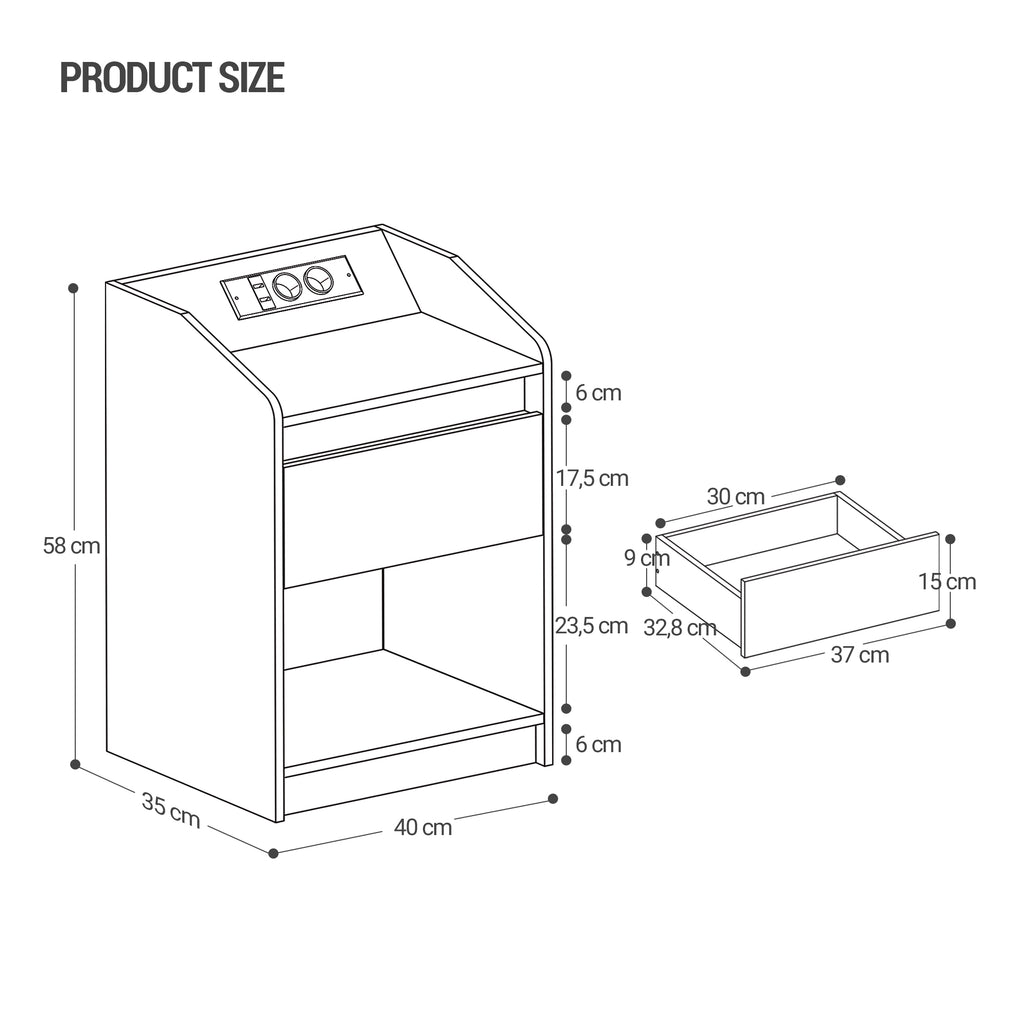 Hzuaneri Bedside Table with LED Light & Charging Station, 2 USB Ports & Outlets, Storage Drawer