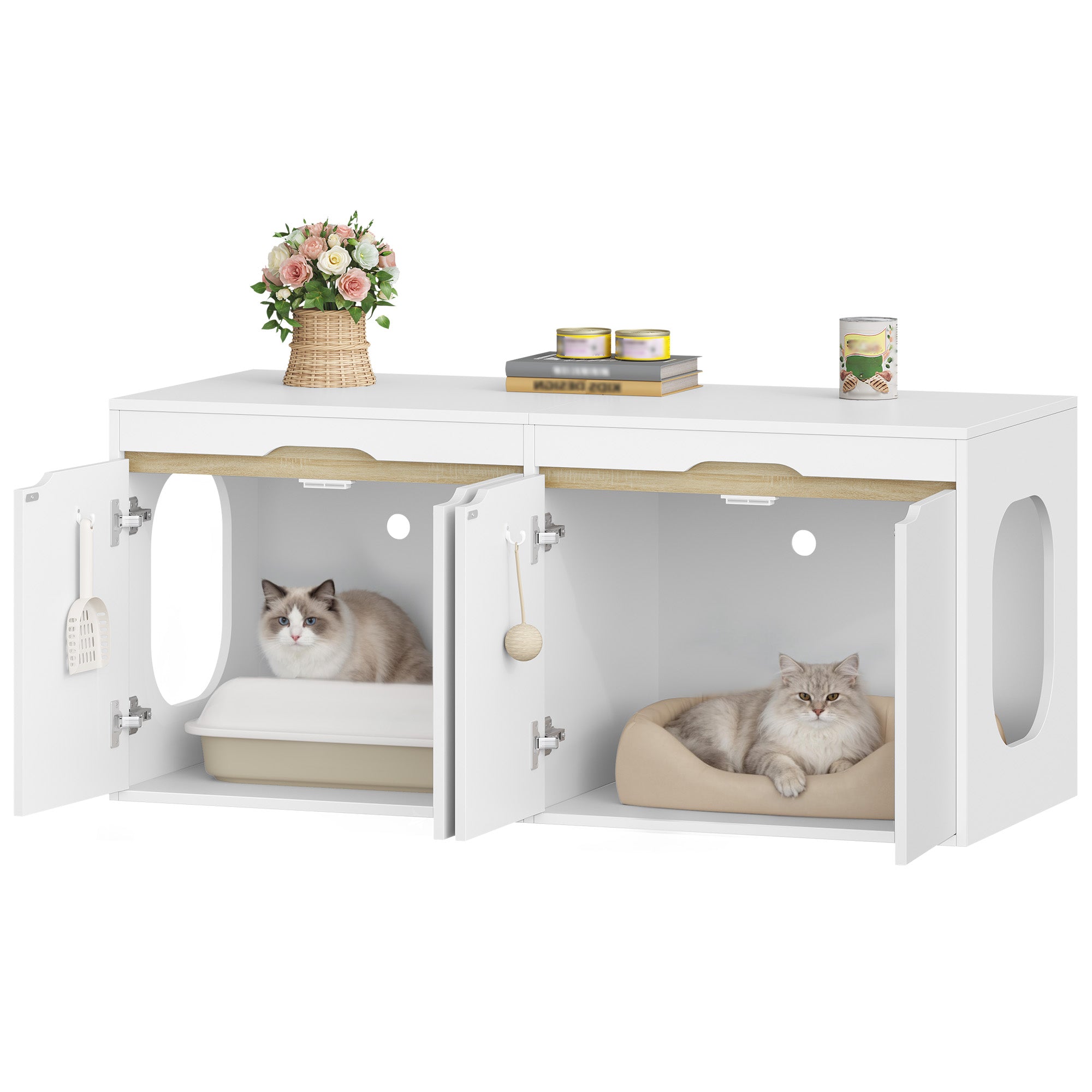 HEXCELEN Cat Litter Tray Cabinet, Cat Cabinet for 2 Cats, Hidden Cat Litter Box Cabinet, Double Door, Can Be Used as a TV Cabinet, 120 x 50 x 53.4 cm, White Oak and White,840103X