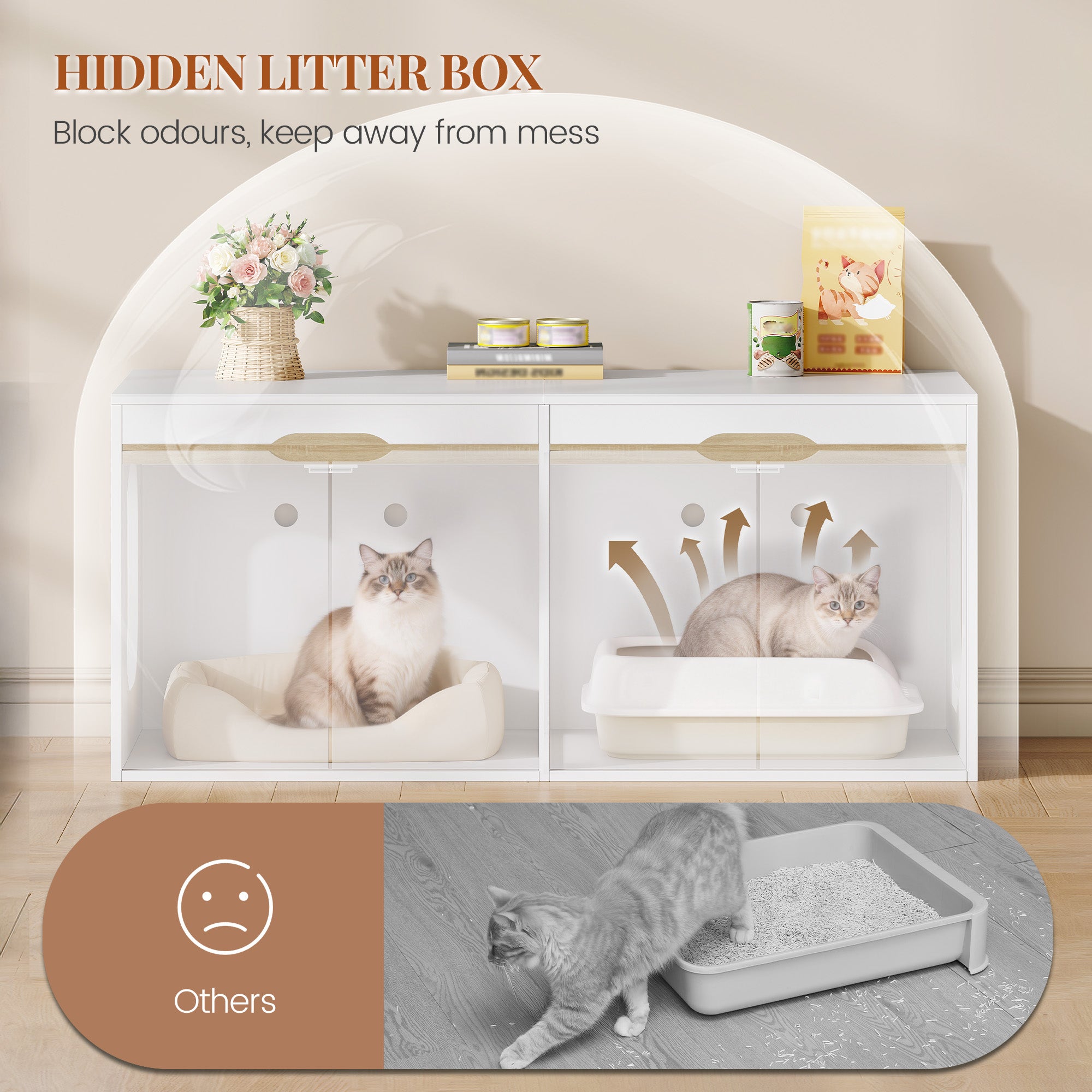 HEXCELEN Cat Litter Tray Cabinet, Cat Cabinet for 2 Cats, Hidden Cat Litter Box Cabinet, Double Door, Can Be Used as a TV Cabinet, 120 x 50 x 53.4 cm, White Oak and White,840103X