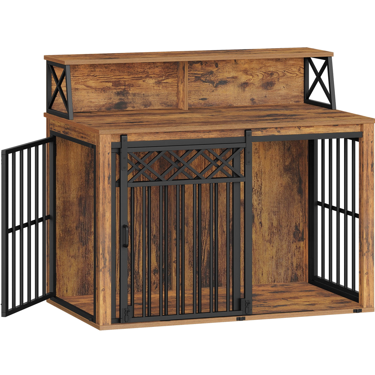 39.4" Large wooden dog crate, Indoor Dog Kennel with Barn Door for Medium/Large Dogs, 3 Doors dog Crate Furniture with Storage, Rustic Brown