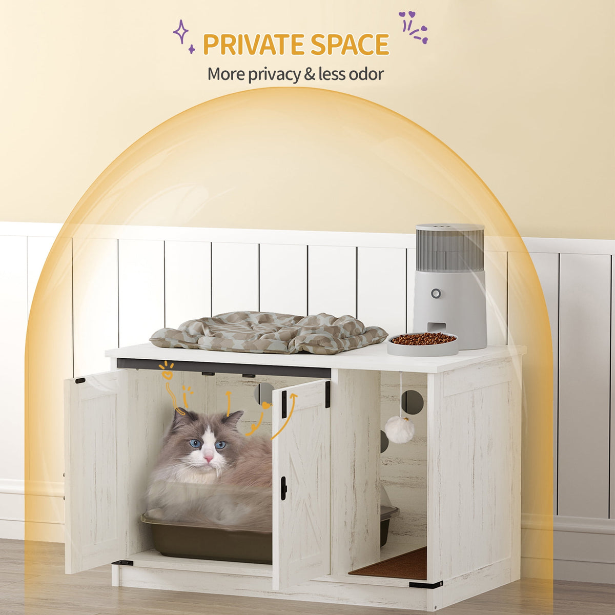 Hzuaneri 31.5" Cat Litter Box Enclosure, Hidden Cabinet Furniture with Bell for Indoor Cat, Farmhouse Style, White