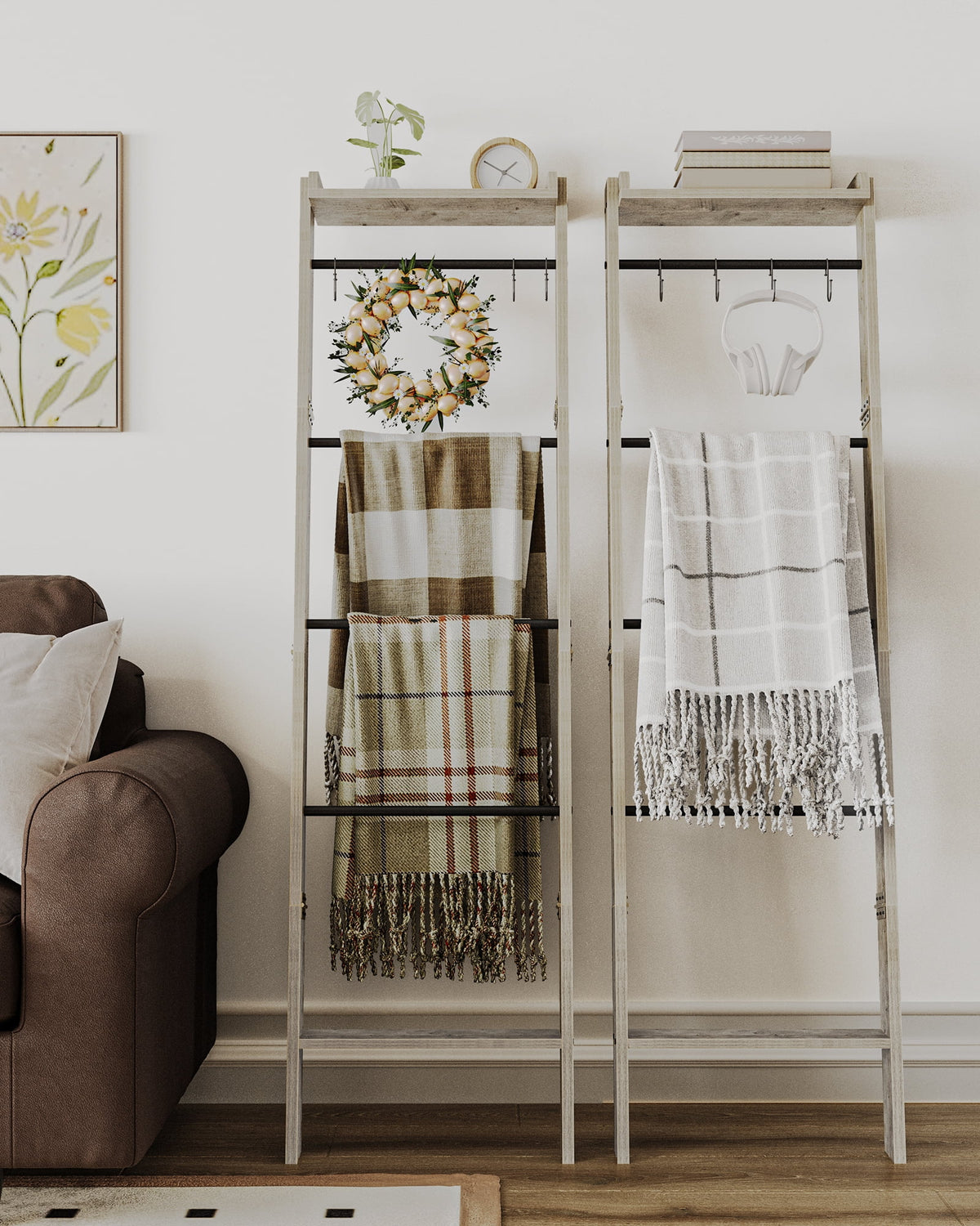 Wooden Blanket Ladder with 4 Hooks, 63.4" H 6-Tier Farmhouse Ladder Holder Organizer, for Living Room, Bedroom, Balcony - Greige