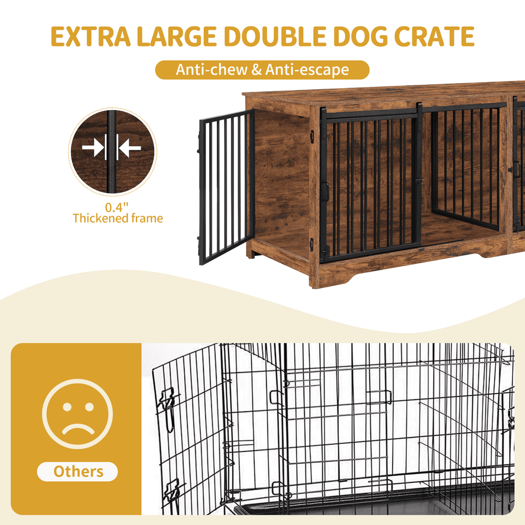 Hzuaneri 78" Large Double Dog Crate Furniture, Indoor Dog Kennel Furniture for 2 Dogs with Divider, Dual Sliding Barn Doors, Heavy Duty Dog Cage Furniture as TV Stand, Rustic Brown