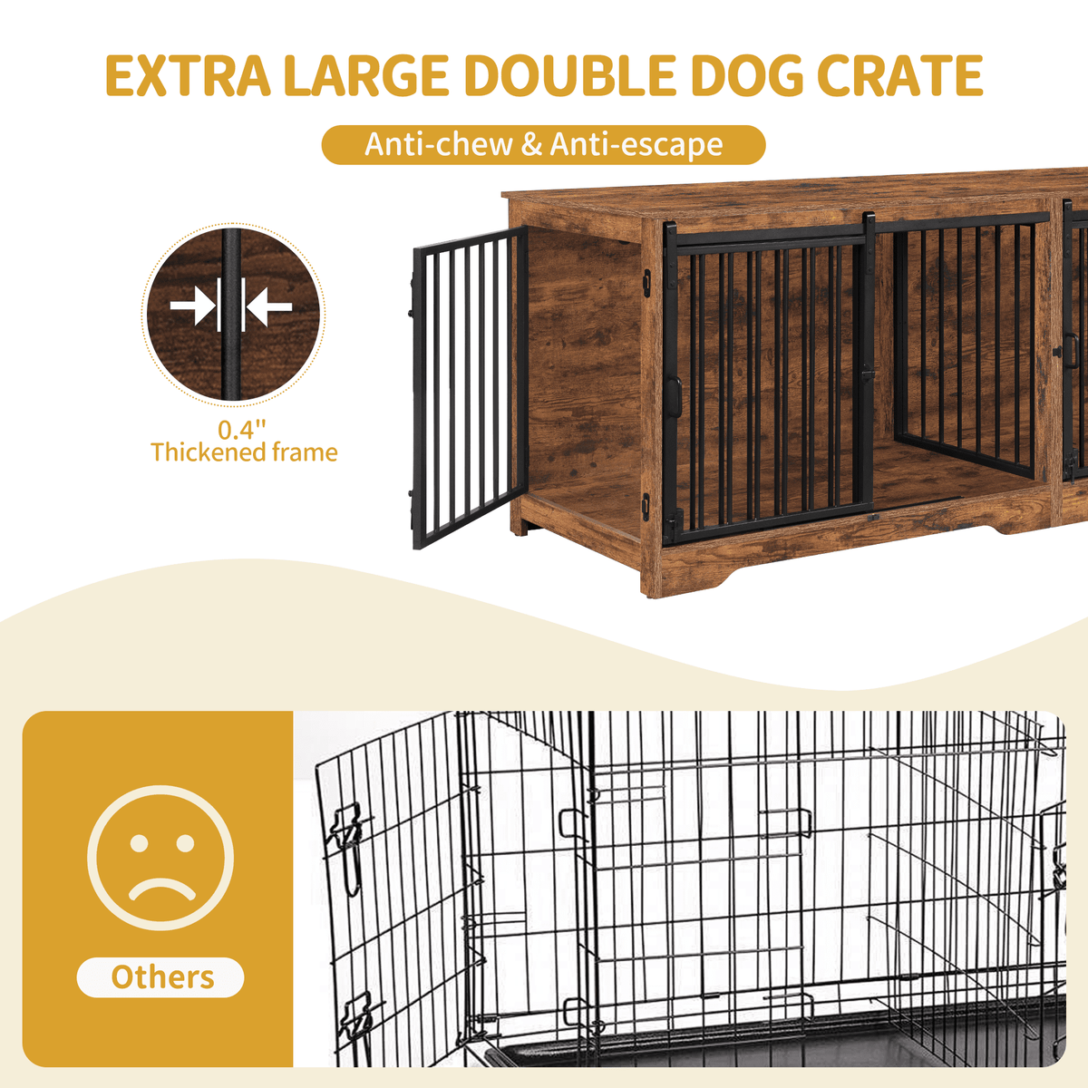 Hzuaneri 78" Large Double Dog Crate Furniture, Indoor Dog Kennel Furniture for 2 Dogs with Divider, Dual Sliding Barn Doors, Heavy Duty Dog Cage Furniture as TV Stand, Rustic Brown