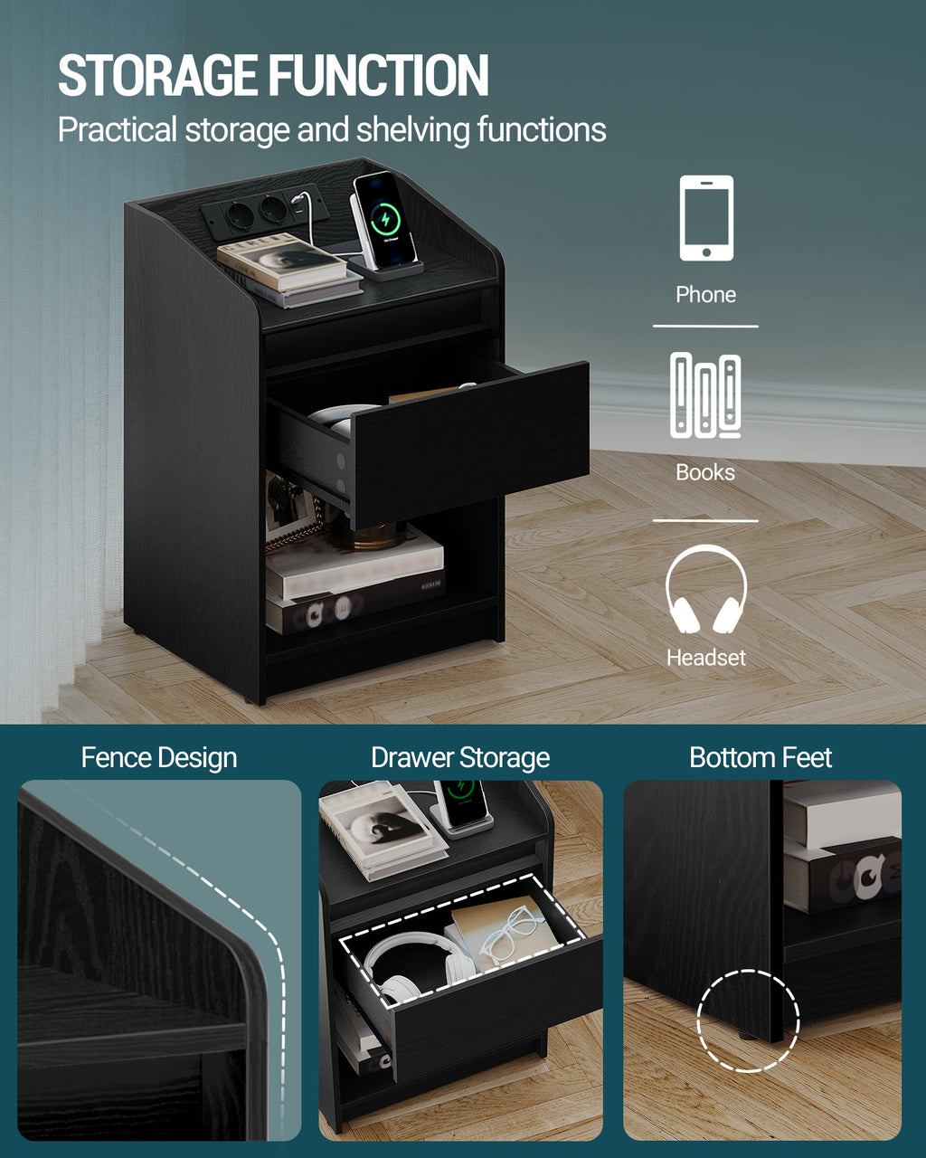 Hzuaneri Bedside Table with LED Light & Charging Station, 2 USB Ports & Outlets, Storage Drawer
