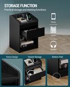 Hzuaneri Bedside Table with LED Light & Charging Station, 2 USB Ports & Outlets, Storage Drawer