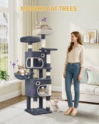 Cat Tree, 62.6‑Inch Tall Multi‑Level Cat Tower for Indoor Cats with Scratching Posts, Platforms, Cat Caves and Basket, Dark Gray