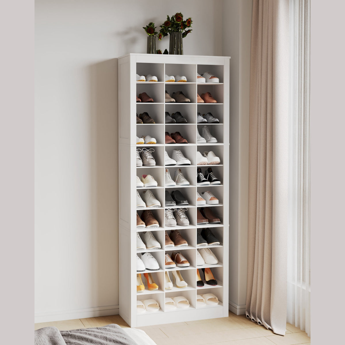 Hzuaneri 12-Tier Shoe Storage Cabinet, Wooden Tall Shoe Rack Organizer, Holds up to 36 Pairs of Shoes, Shoe Storage Organizer for Closet, Entryway, Dorm, Bedroom, White