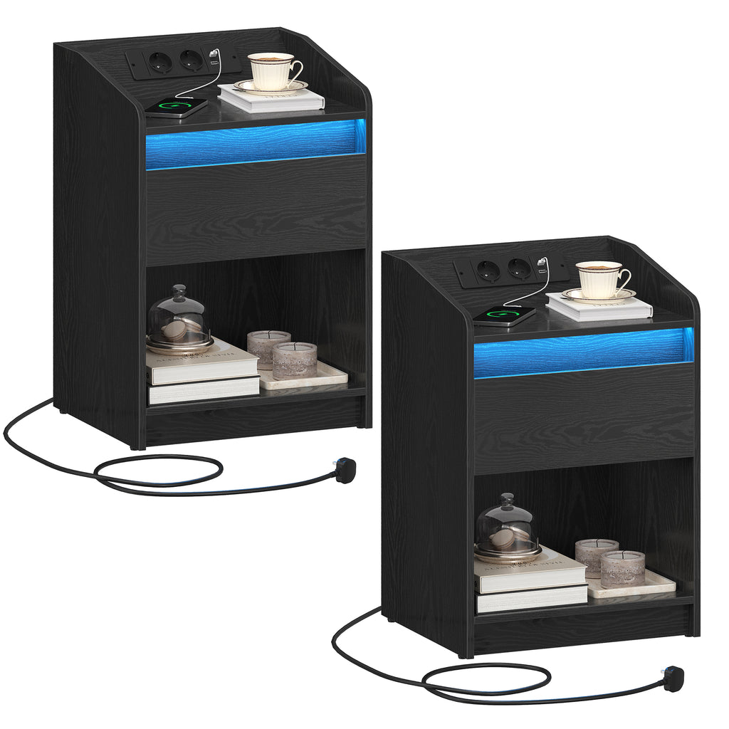 Hzuaneri Bedside Table with LED Light & Charging Station, 2 USB Ports & Outlets, Storage Drawer