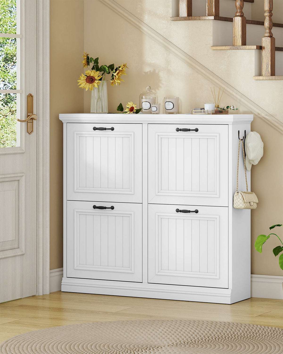 Hzuaneri 36.2" Tall Narrow Shoe Organizer, Freestanding Wooden Hidden Shoe Cabinet with 4 Flip Drawers & Adjustable Shelves, Multi-Purpose Storage Furniture for Entryway Hallway, White