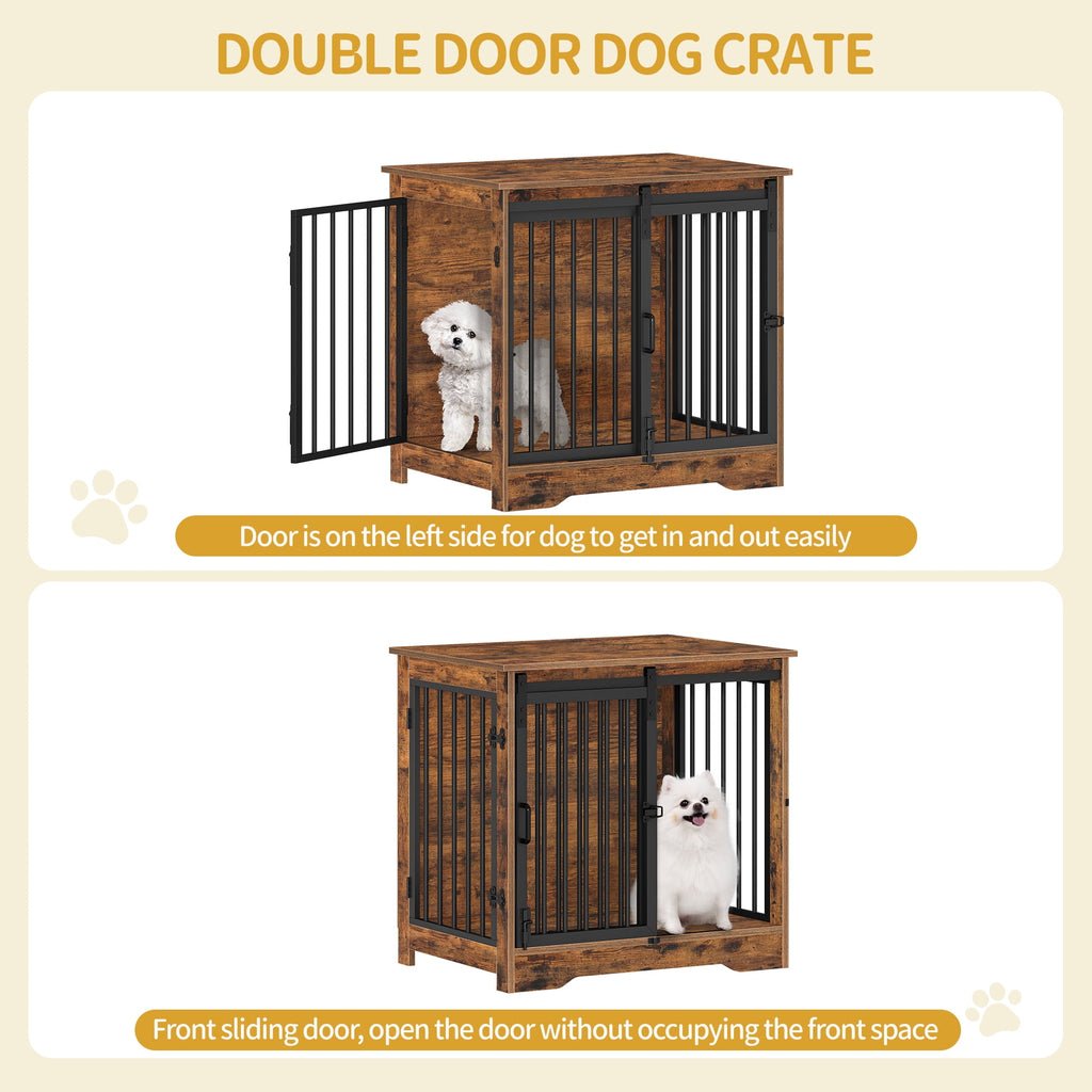 Hzuaneri 27.2" Dog Crate Furniture with Barn Door, Heavy Duty Wooden Kennel for Small Dogs up to 22 lb, Rustic Brown