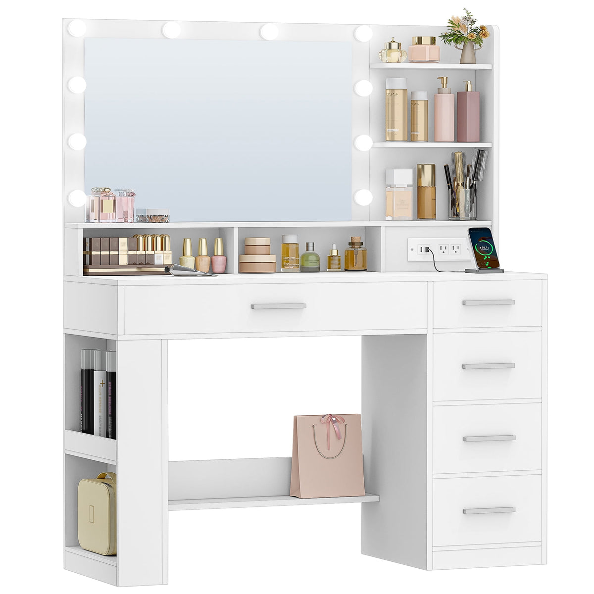 Hzuaneri Makeup Vanity Desk, 43"W Vanity Table with 3-Color LED Mirror & Power Outlet, 5 Drawers & 3 Open Shelves, Makeup Desk for Girls Bedroom, White