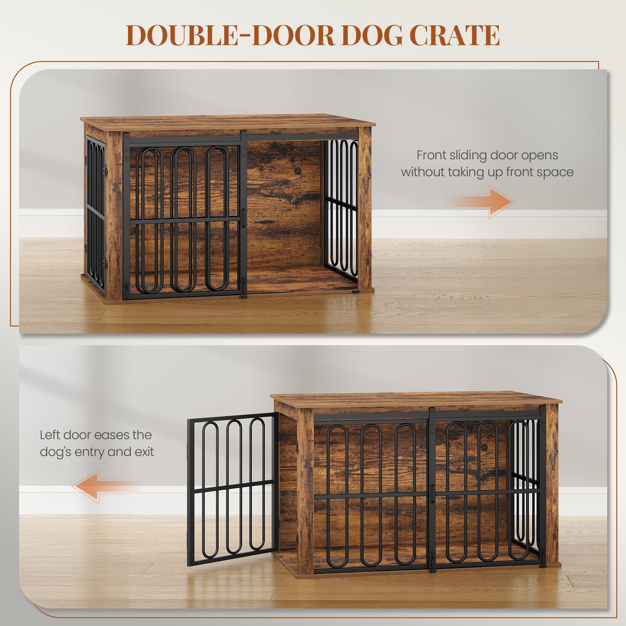 HEXCELEN Wooden Dog Cage Furniture, 100 cm Dog Crate for Home, Dog Cage with 2 Doors, Sliding Doors, for Small, Medium Dogs, Heavy Duty Side Table, 100 x 60 x 62.4 cm, White Brown,910114B