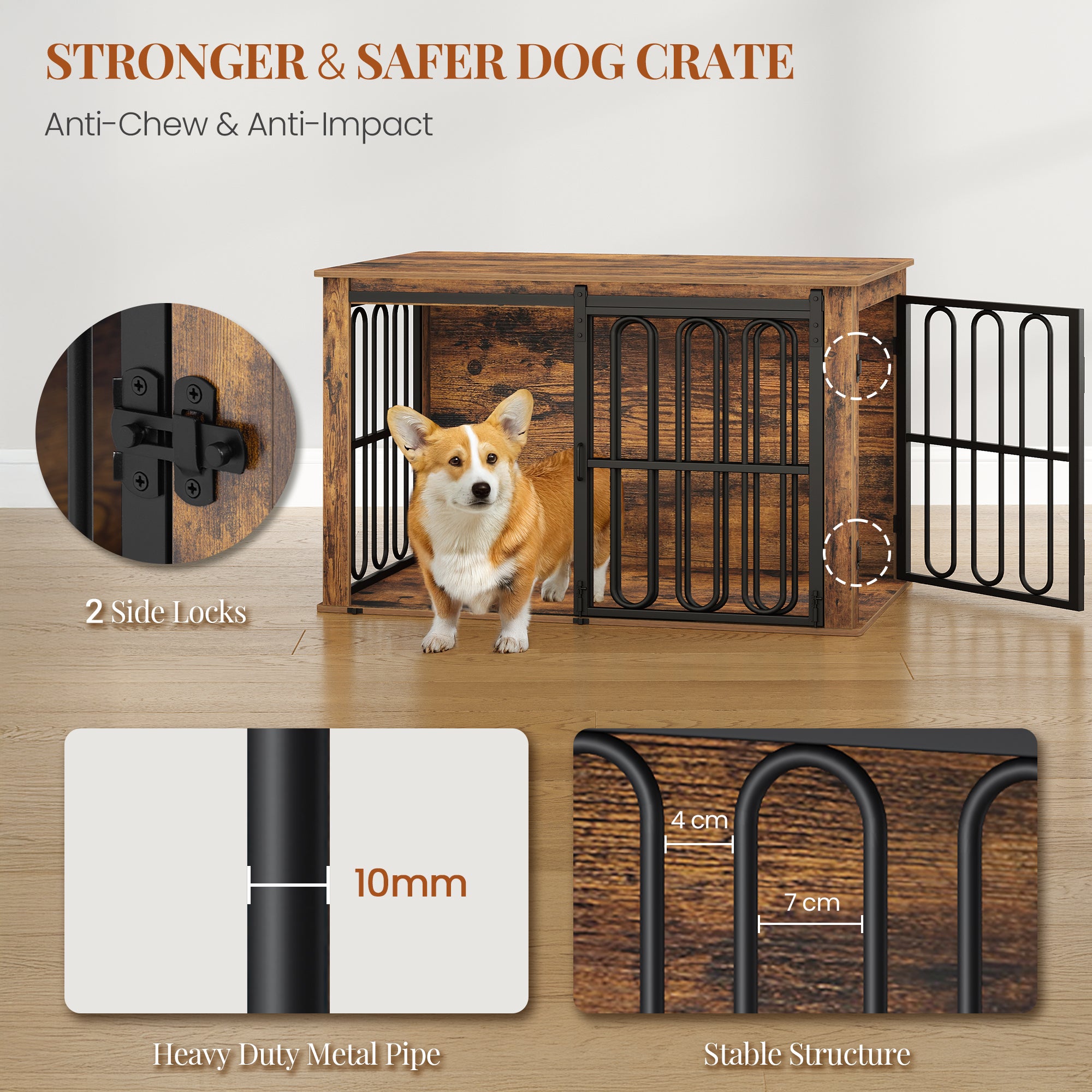 HEXCELEN Wooden Dog Cage Furniture, 100 cm Dog Crate for Home, Dog Cage with 2 Doors, Sliding Doors, for Small, Medium Dogs, Heavy Duty Side Table, 100 x 60 x 62.4 cm, Brown,910101B