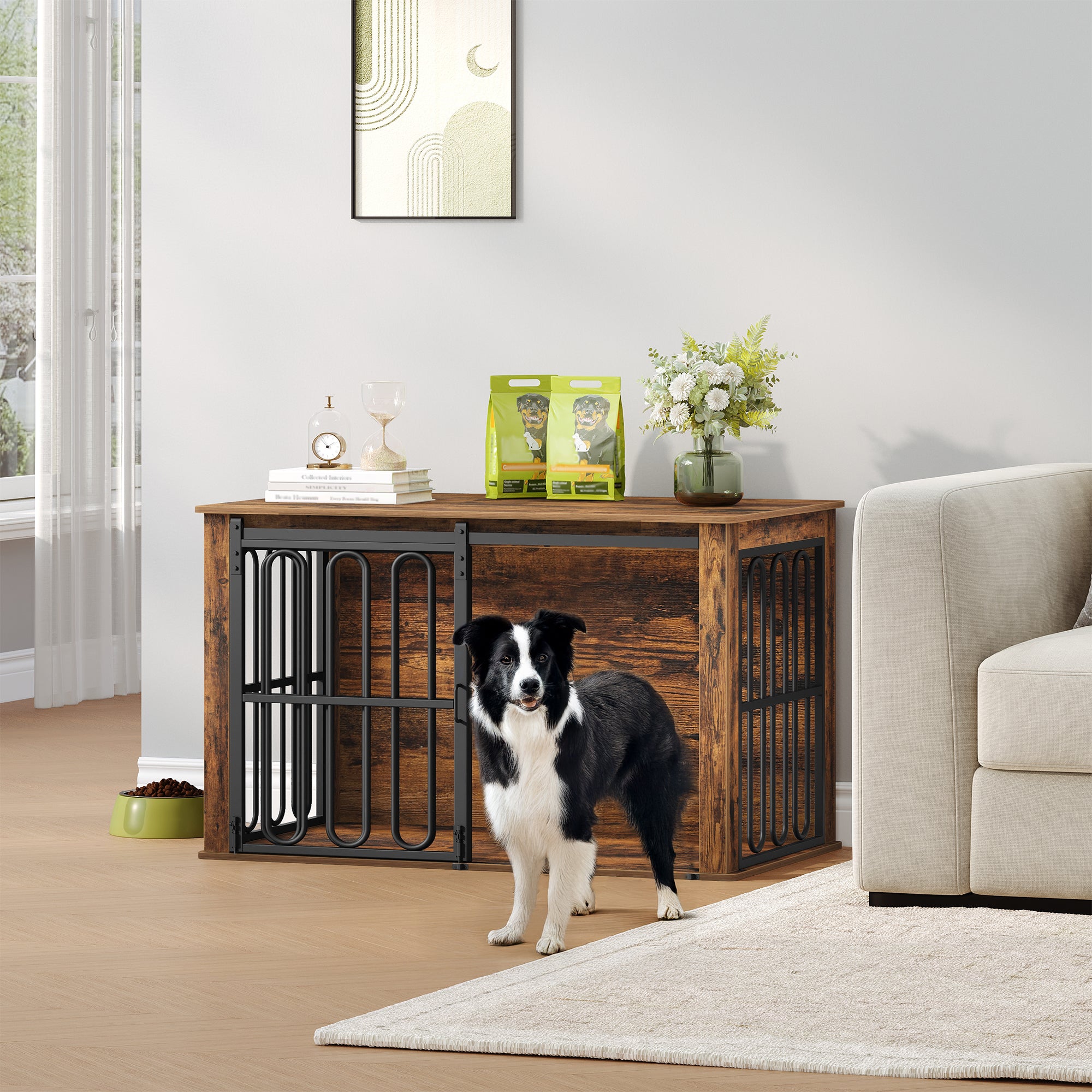 HEXCELEN Wooden Dog Cage Furniture, 100 cm Dog Crate for Home, Dog Cage with 2 Doors, Sliding Doors, for Small, Medium Dogs, Heavy Duty Side Table, 100 x 60 x 62.4 cm, Brown,910101B