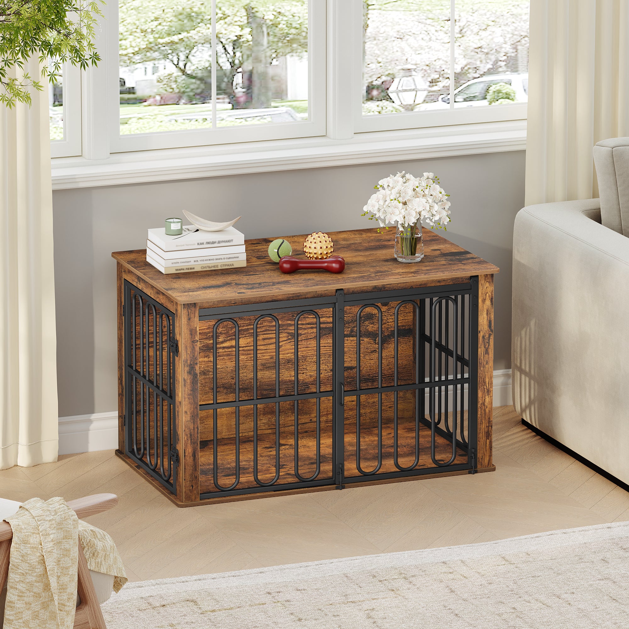 HEXCELEN Wooden Dog Cage Furniture, 100 cm Dog Crate for Home, Dog Cage with 2 Doors, Sliding Doors, for Small, Medium Dogs, Heavy Duty Side Table, 100 x 60 x 62.4 cm, White Brown,910114B