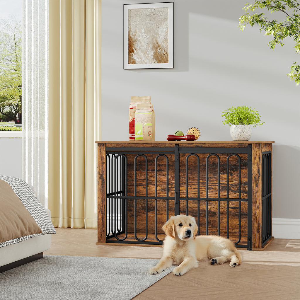 HEXCELEN Wooden Dog Cage Furniture, 100 cm Dog Crate for Home, Dog Cage with 2 Doors, Sliding Doors, for Small, Medium Dogs, Heavy Duty Side Table, 100 x 60 x 62.4 cm, Brown,910101B
