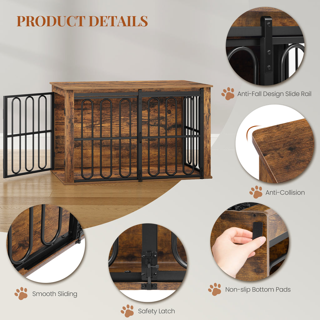 HEXCELEN Wooden Dog Cage Furniture, 100 cm Dog Crate for Home, Dog Cage with 2 Doors, Sliding Doors, for Small, Medium Dogs, Heavy Duty Side Table, 100 x 60 x 62.4 cm, White Brown,910114B