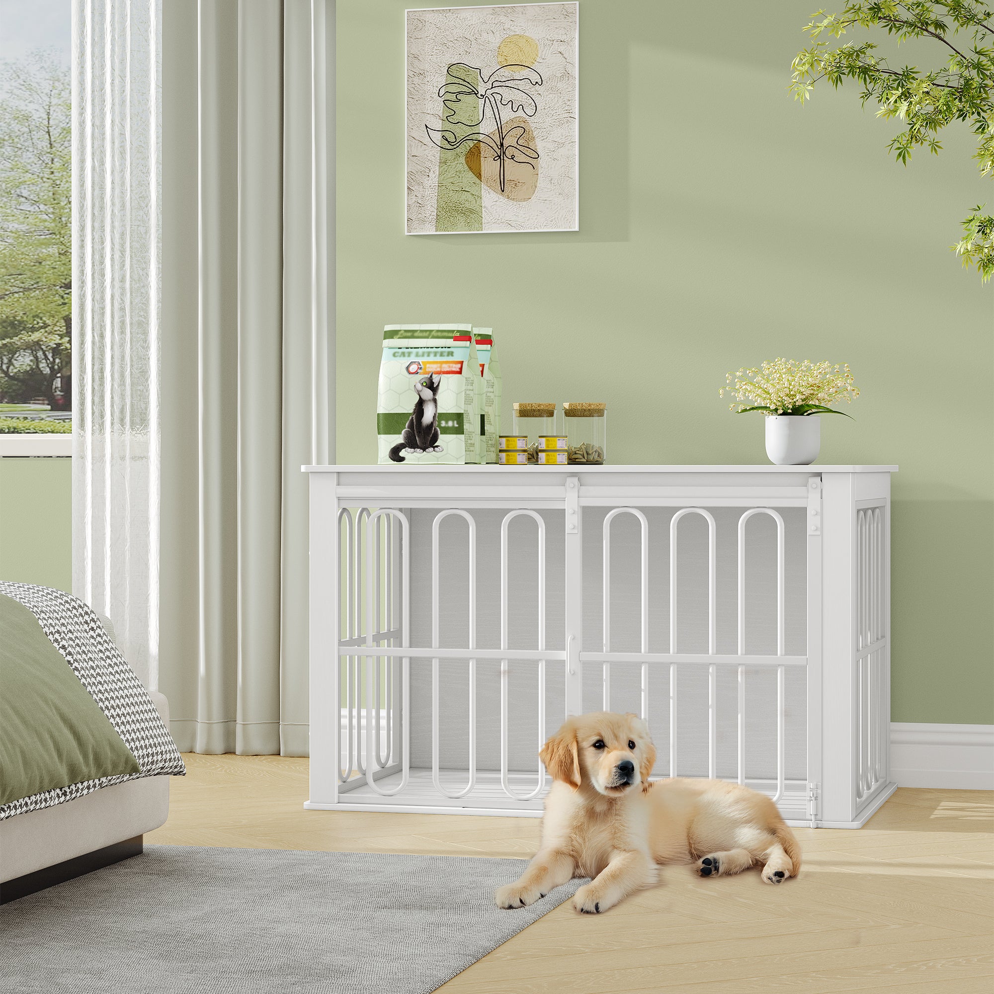 HEXCELEN Wooden Dog Cage Furniture 32 Inch Dog Crate for Home Dog Cage with 2 Doors Sliding Doors for Small Medium Dogs Heavy Duty Side Table 81 × 55 × 62.4 cm White,908113W