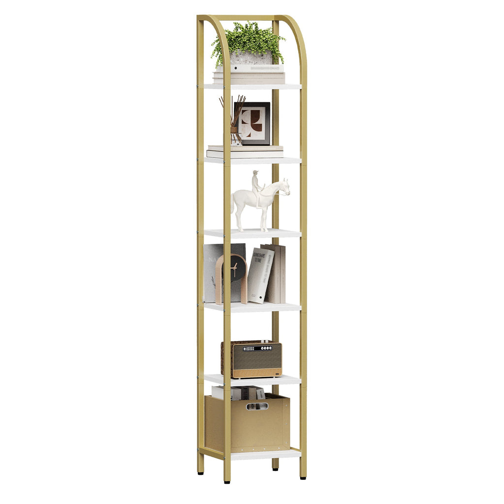 Hzuaneri Bookshelf Bookcase Narrow Bookcase Shelf Organizer with Steel Frame for Study Living Room Bedroom Kitchen Home Office Industrial Bookshelf 6-Tier White Gold