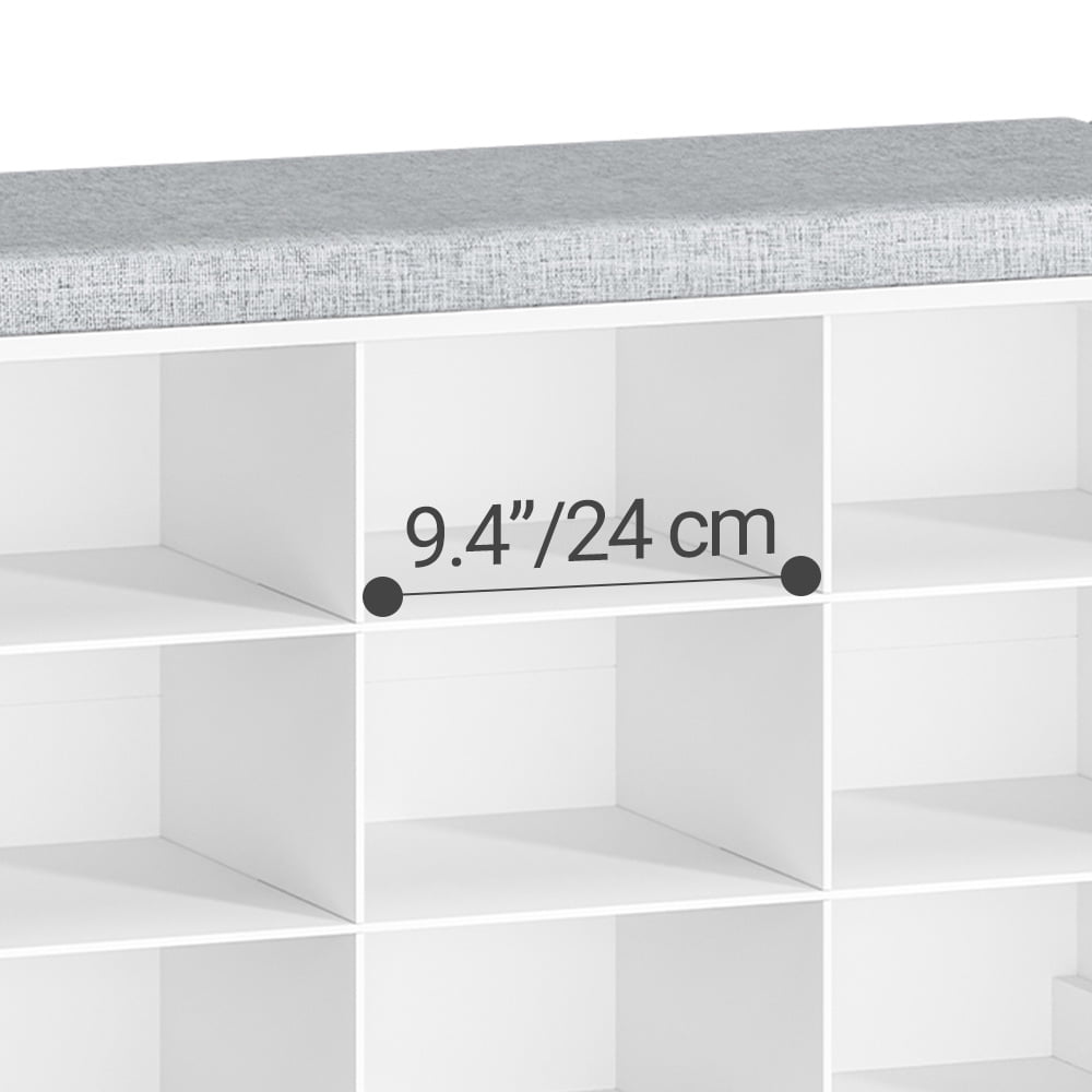 Shoe Storage Bench with Cushion, Entryway Storage Bench with 18 Cubbies, 59" Widened Organizer Cabinet, Long Cubby Rack for Living Room, Bedroom, Entryway, White