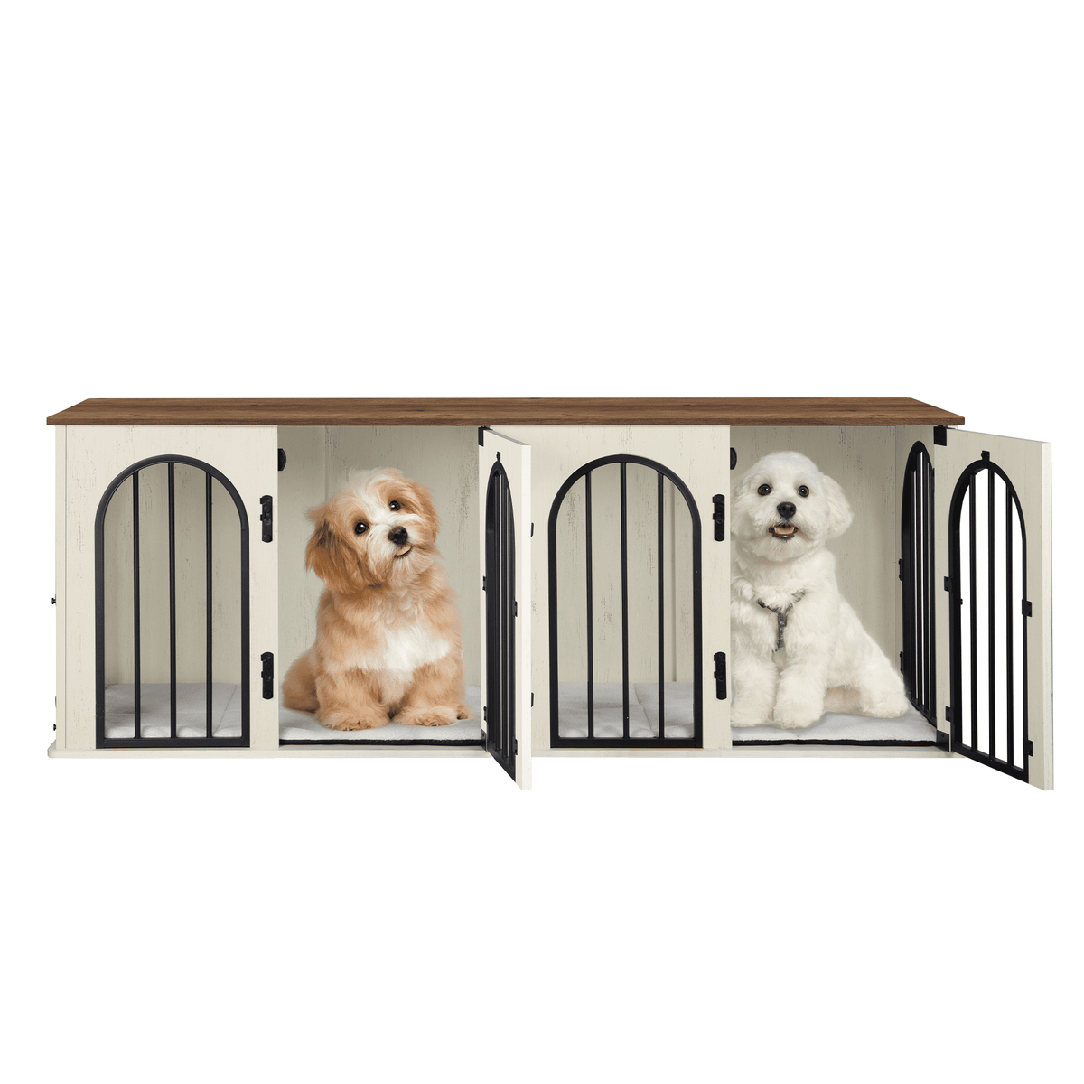 Hzuaneri Dog Crate Furniture for 2 Dogs, 63" Large Dog Kennel with Divider and Cushion for Medium Large Dogs, Double Dog Crate Furniture TV Stand, White Brown