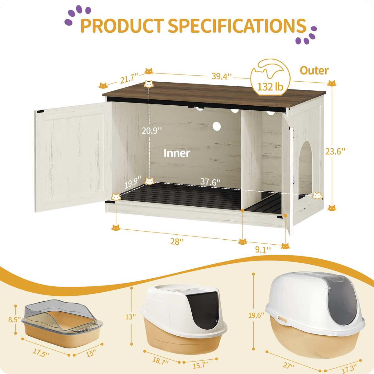 Hzuaneri 39.4 inch Cat Litter Box Enclosure, Hidden Litter Box Furniture Cabinet with Cushion for Cat, Wooden Cat House Reversible Entrance Left or Right Side, Rustic White and Brown