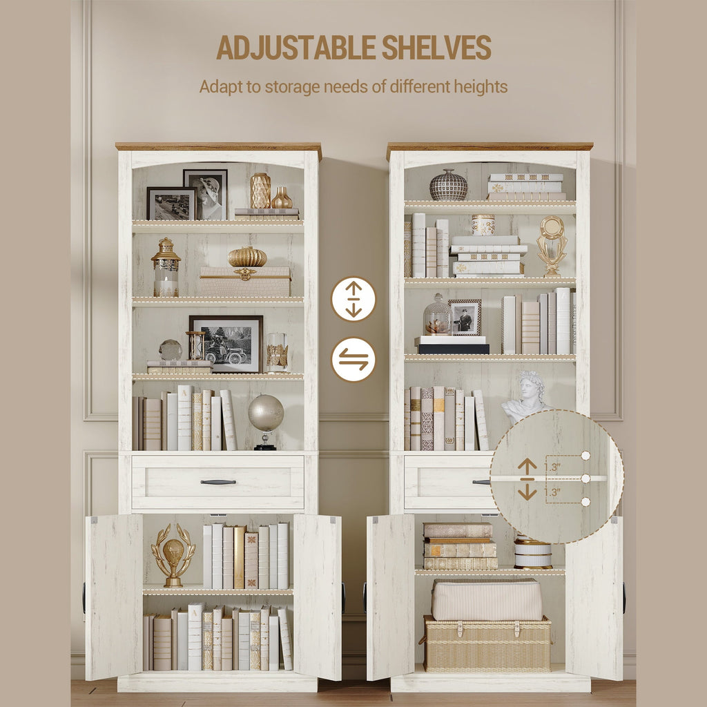 Hzuaneri 70.9" H Tall Bookshelf with a Drawer, 7 Tier Freestanding Bookcase with Storage Cabinet and 2 Doors, Adjustable Shelves, for Home Office, Living Room, White and Brown