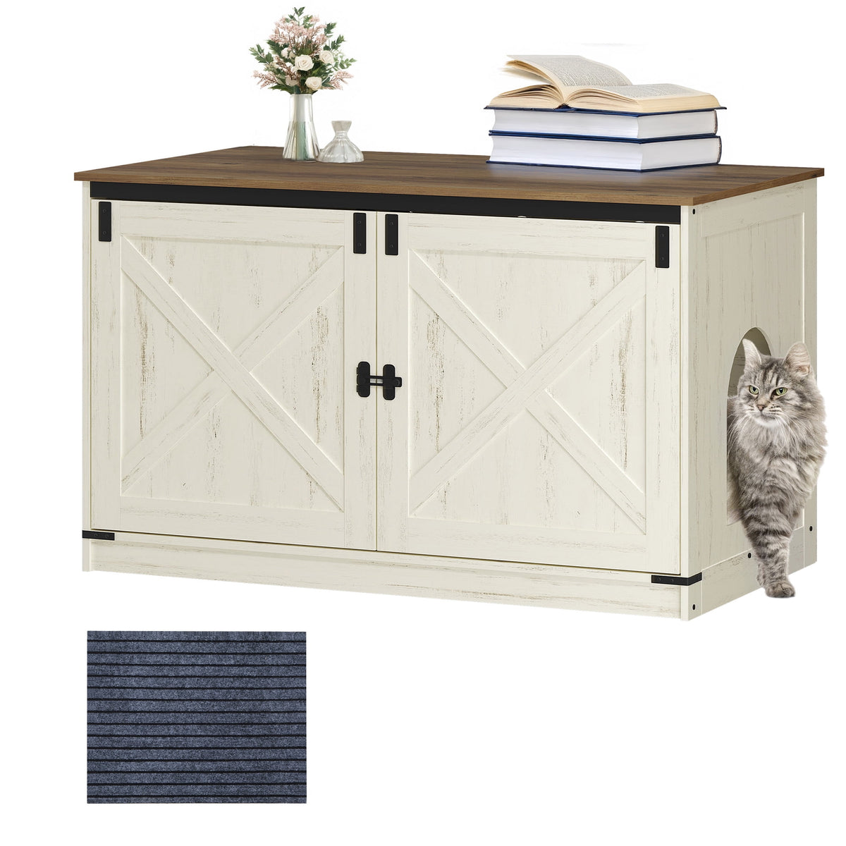 Hzuaneri 39.4 inch Cat Litter Box Enclosure, Hidden Litter Box Furniture Cabinet with Cushion for Cat, Wooden Cat House Reversible Entrance Left or Right Side, Rustic White and Brown
