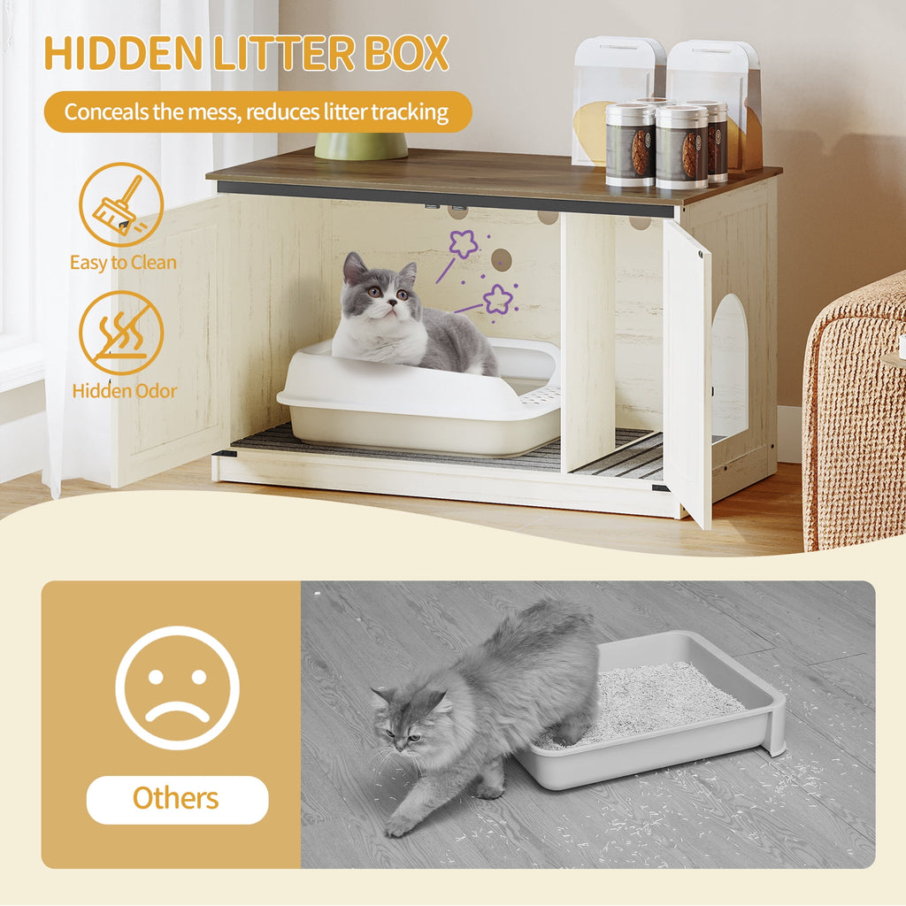 Hzuaneri 39.4 inch Cat Litter Box Enclosure, Hidden Litter Box Furniture Cabinet with Cushion for Cat, Wooden Cat House Reversible Entrance Left or Right Side, Rustic White and Brown