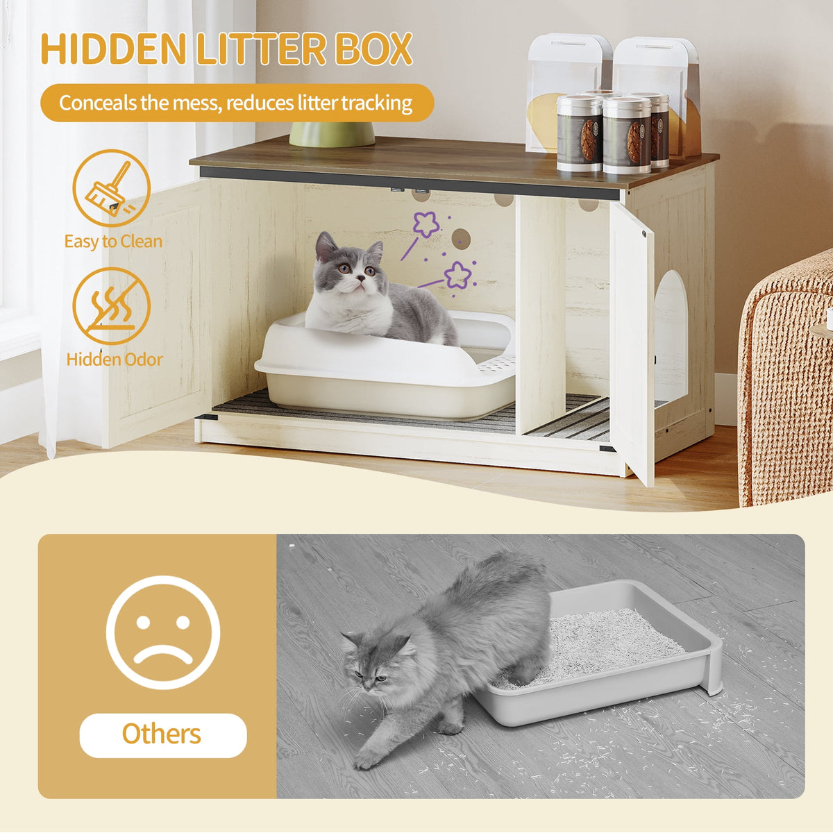 Hzuaneri 39.4 inch Cat Litter Box Enclosure, Hidden Litter Box Furniture Cabinet with Cushion for Cat, Wooden Cat House Reversible Entrance Left or Right Side, Rustic White and Brown
