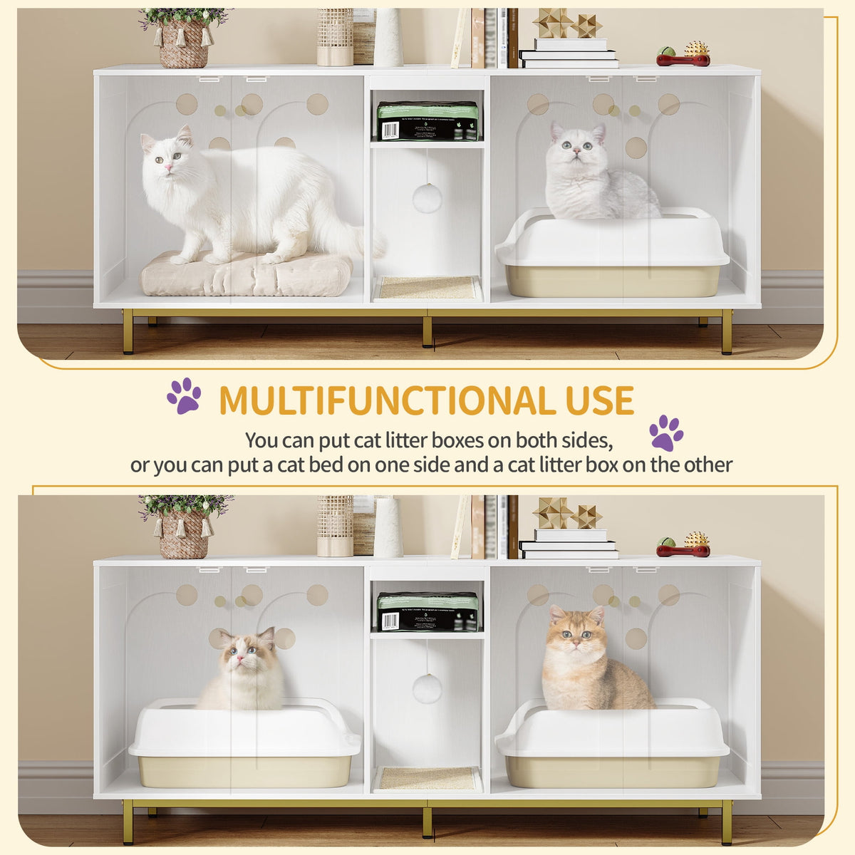 Hzuaneri Cat Litter Box Enclosure for 2 Cats, 55" Hidden Litter Boxes with Double Room, Storage, Plush Ball, Wooden Cat Washroom Furniture, White Gold