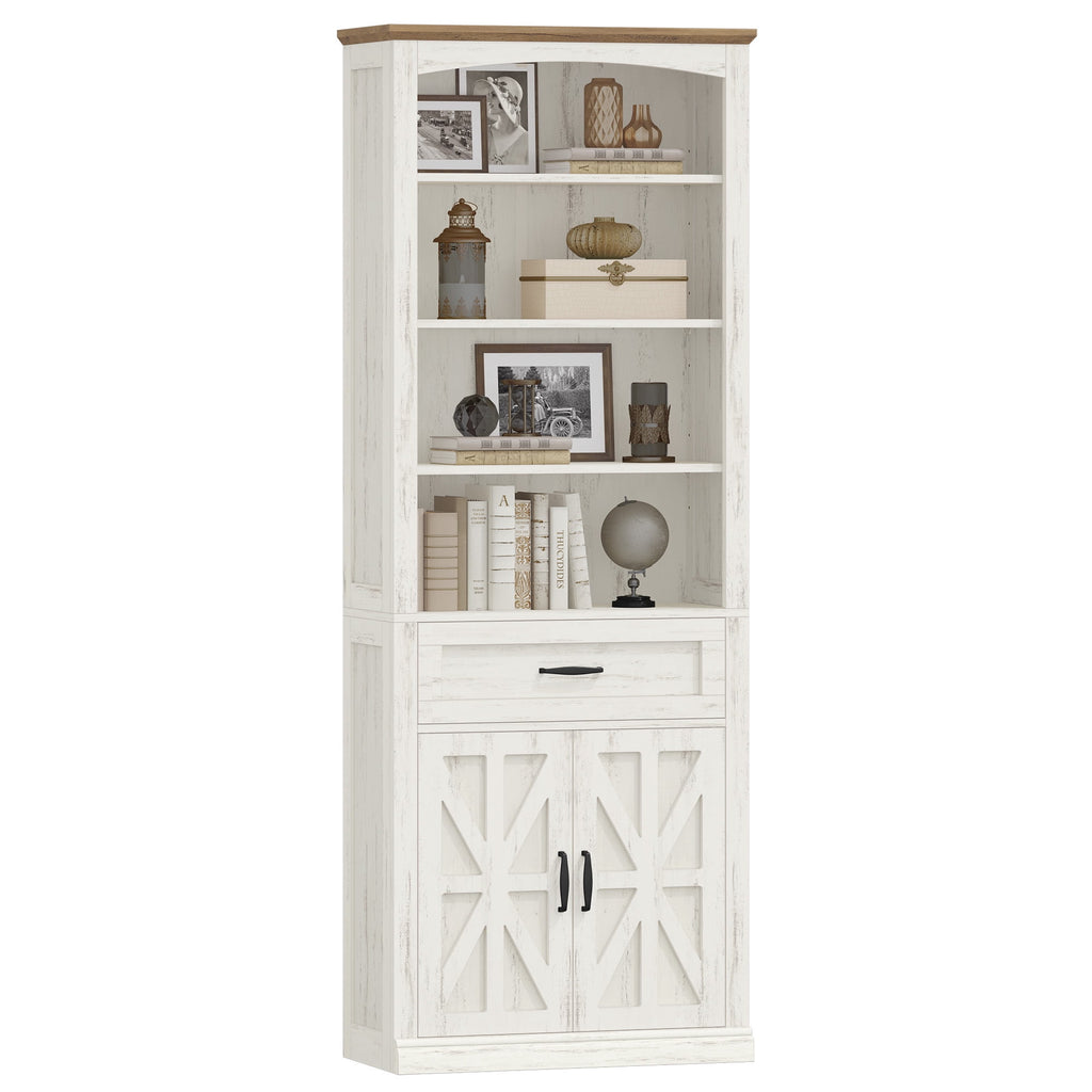 Hzuaneri 70.9" H Tall Bookshelf with a Drawer, 7 Tier Freestanding Bookcase with Storage Cabinet and 2 Doors, Adjustable Shelves, for Home Office, Living Room, White and Brown