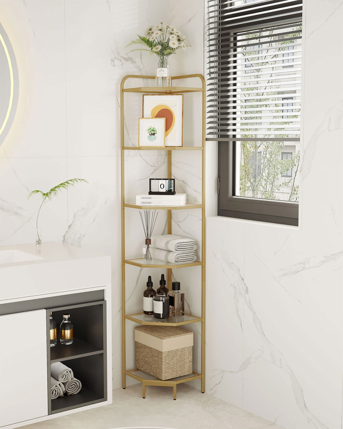 Corner Shelf Stand 6-Tier with Tempered Glass Shelves, Modern Glass Bookshelf Bookcase for Living Room Bathroom Kitchen, Gold