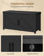 Hzuaneri Shoe Storage Bench, 39.4"W 2‑Tier Farmhouse Entryway Bench for Small Spaces, with Padded Seat Cushion, 2 Barn Doors & Adjustable Shelf, Shoe Cabinet for Living Room Bedroom Hallway, Black