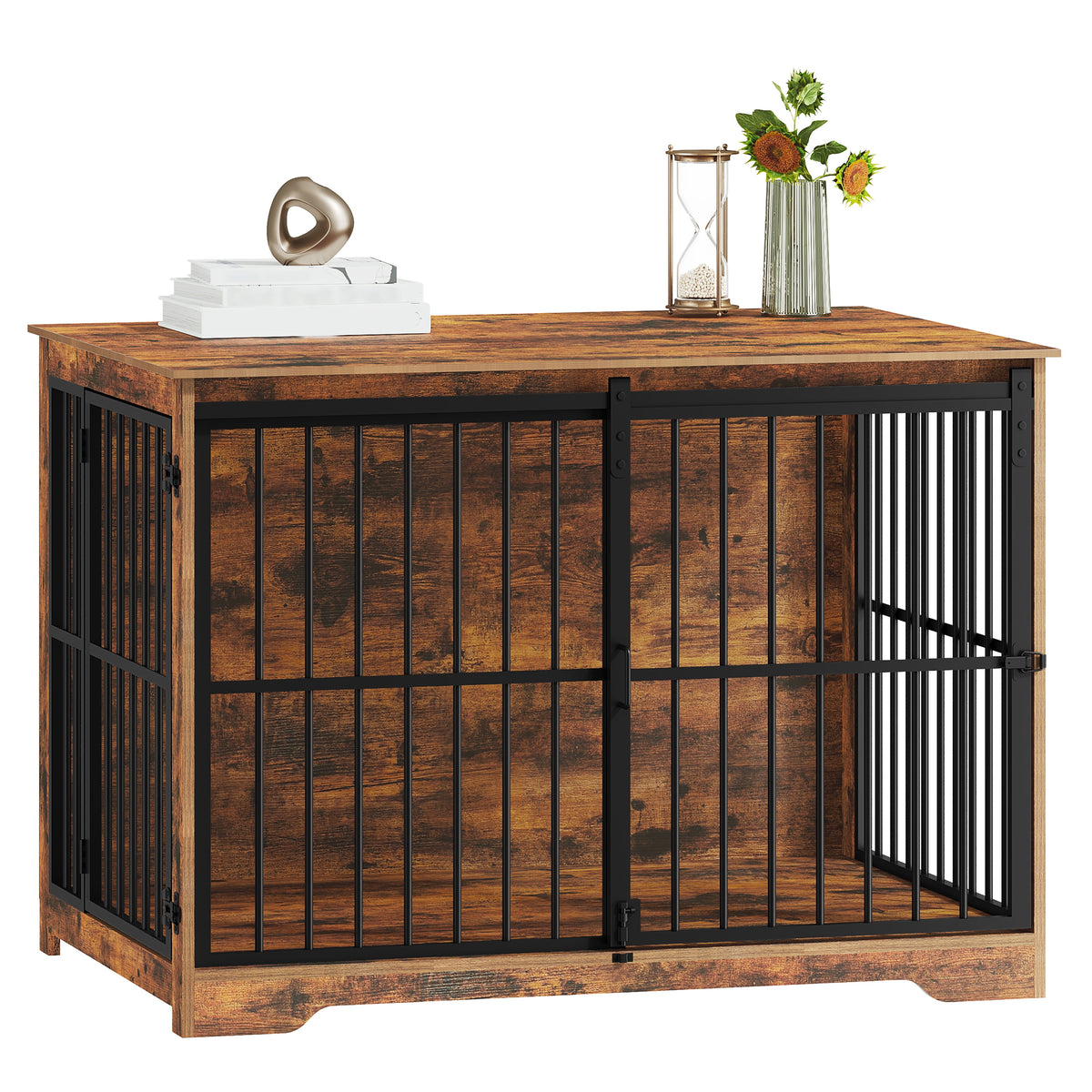 Hzuaneri 44 Inch Dog Crate Furniture, XL Indoor Dog Kennel for Large Dog with Barn Door, Heavy Duty Wooden Dog Cage as TV Stand & End Table, Rustic Brown