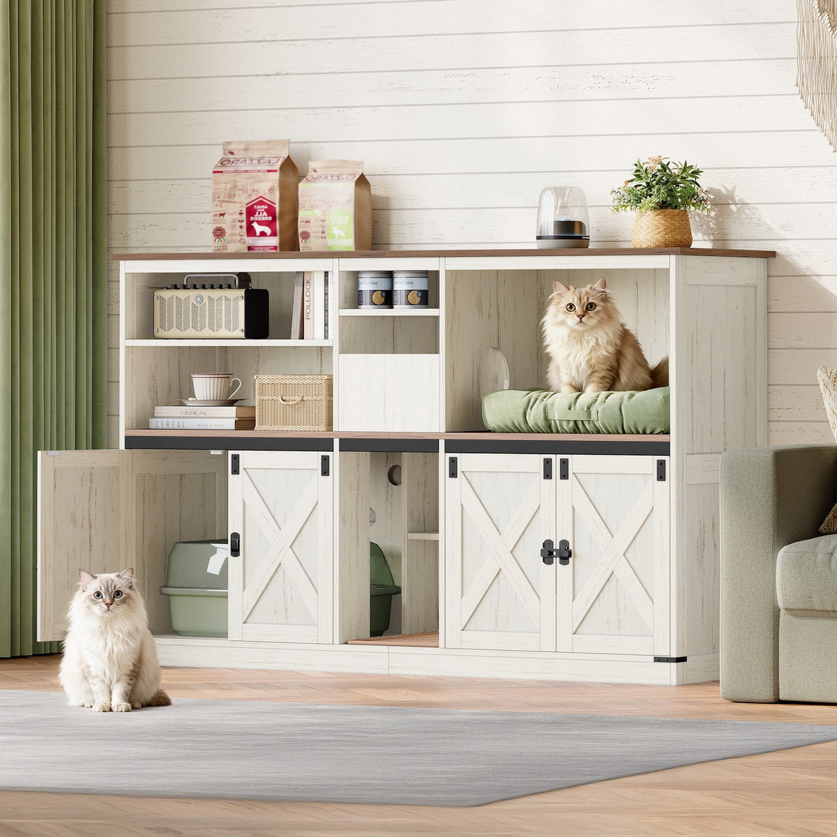 Double Cat Litter Box Enclosure with Storage, Hidden Cabinet for 2 Cats, Rustic Brown and White