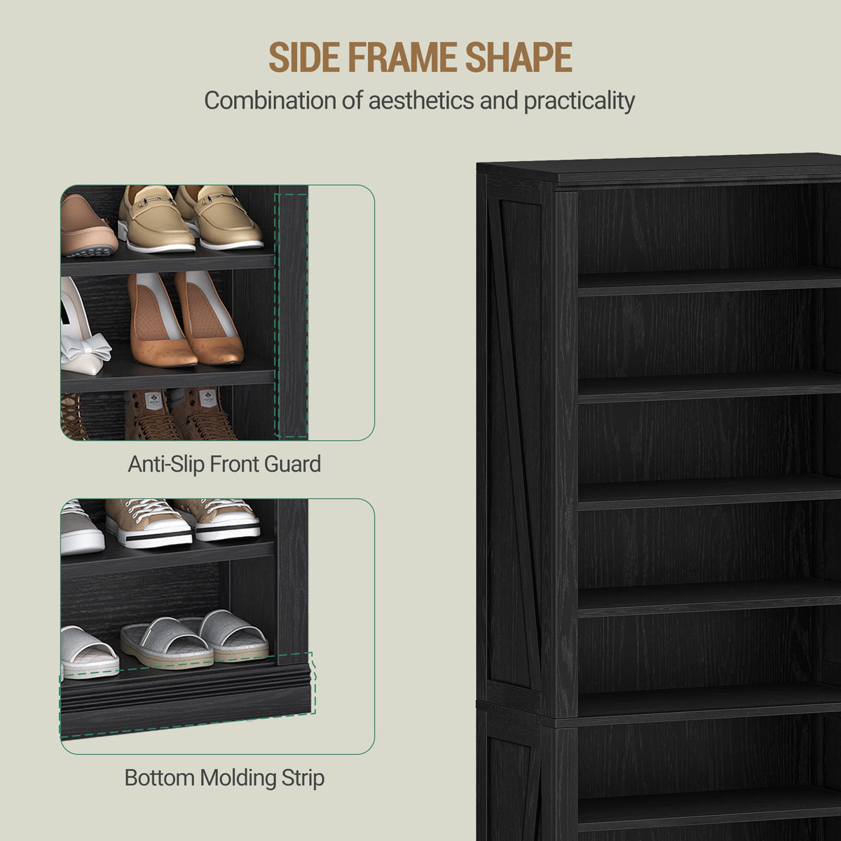 Hzuaneri Farmhouse Tall Shoe Cubby Organizer, 10‑Tier 71.3" H Freestanding Wooden Shoe Storage Rack, Holds 27‑30 Pairs, for Entryway & Living Room, Black