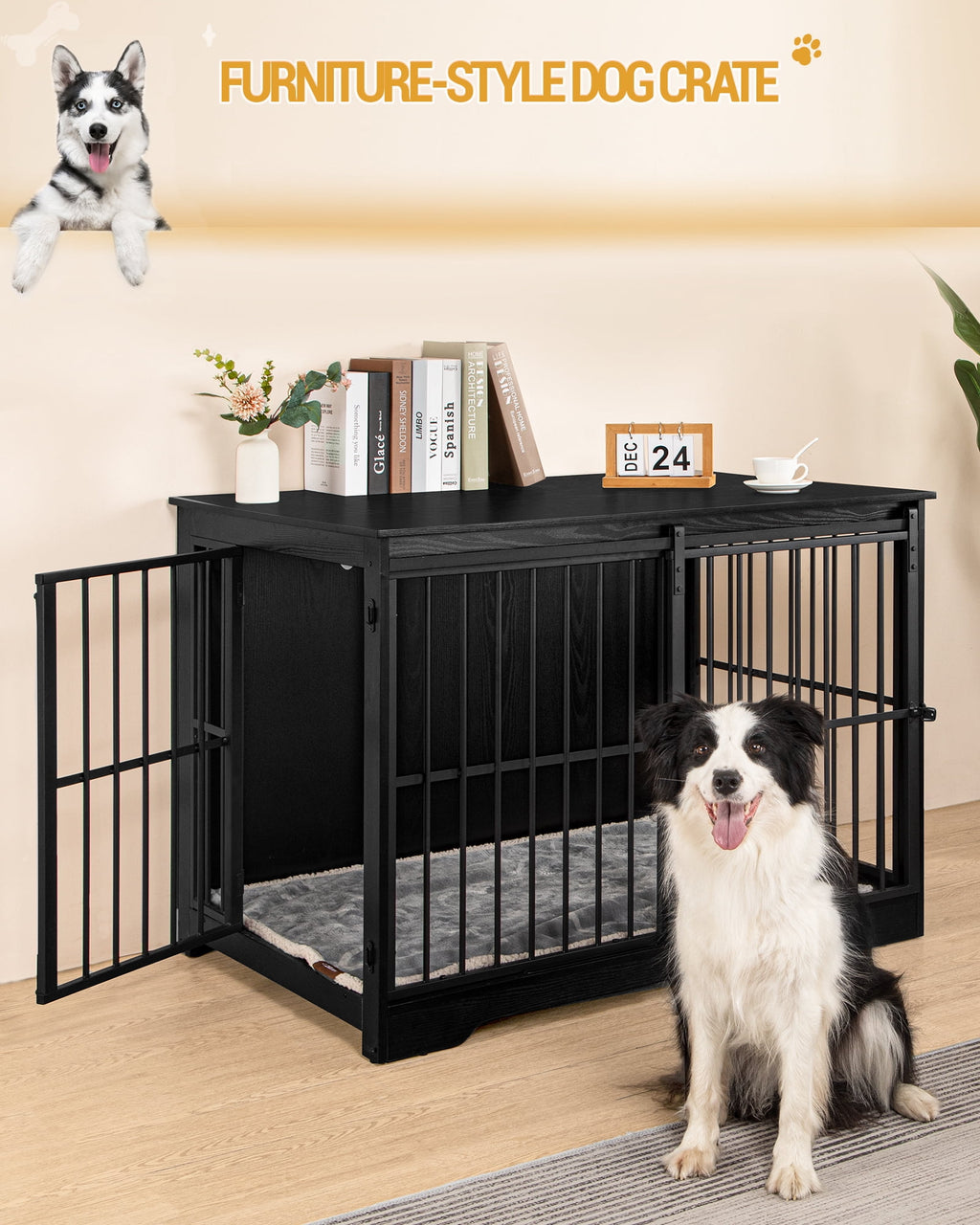 Hzuaneri 44 Inch Dog Crate Furniture, XL Indoor Dog Kennel for Large Dog with Barn Door, Heavy Duty Wooden Dog Cage as TV Stand & End Table, Black