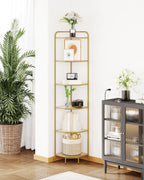 Corner Shelf Stand 6-Tier with Tempered Glass Shelves, Modern Glass Bookshelf Bookcase for Living Room Bathroom Kitchen, Gold
